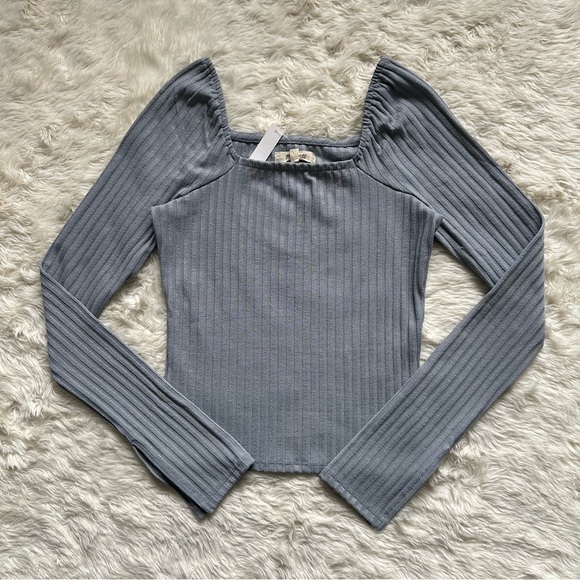 Madewell Top Ribbed Square-Neck Long-Sleeve Tee Craft Blue XS NWT New - Picture 3 of 12